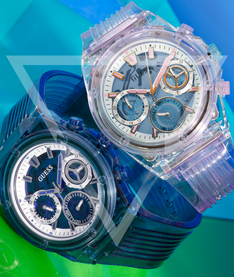 pink and blue guess sustainable watches with recycle logo