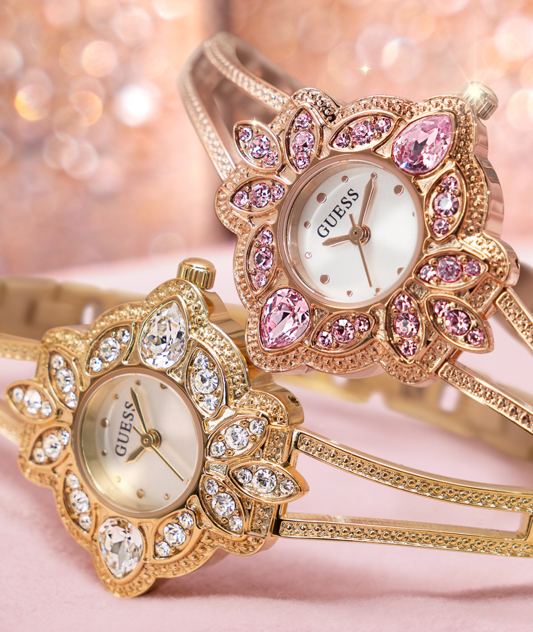 gold and rose gold womens watches with stoned floral cases