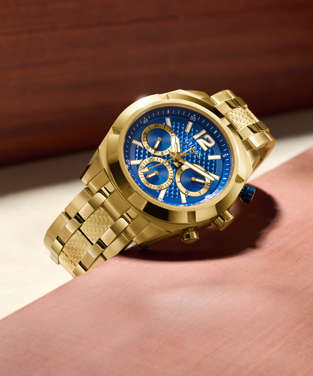 GUESS Mens Gold Tone Multi-function Watch lifestyle watch on background