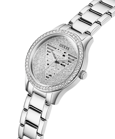 GUESS Ladies Silver Tone Analog Watch lifestyle angle