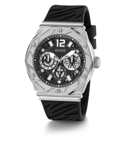 GUESS Mens Black Silver Tone Multi-function Watch