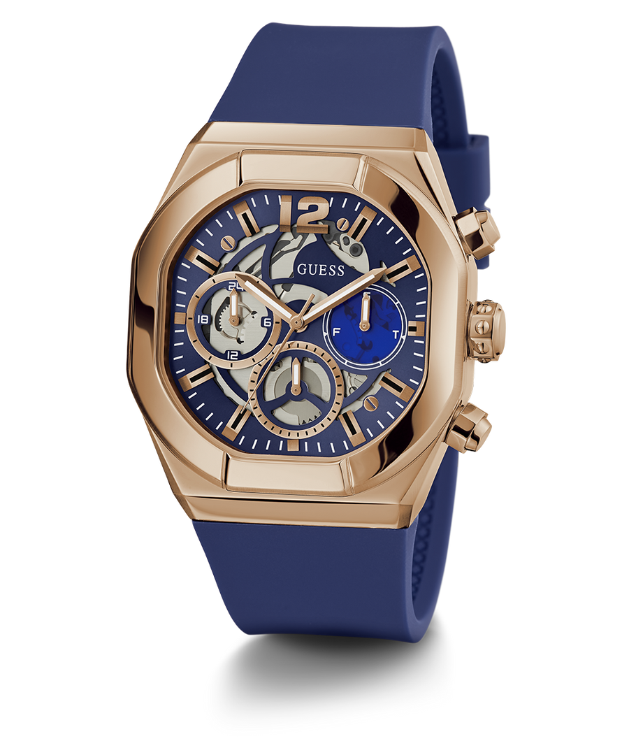 GW0638G2 GUESS Mens Blue Rose Gold Tone Multi-function Watch angle