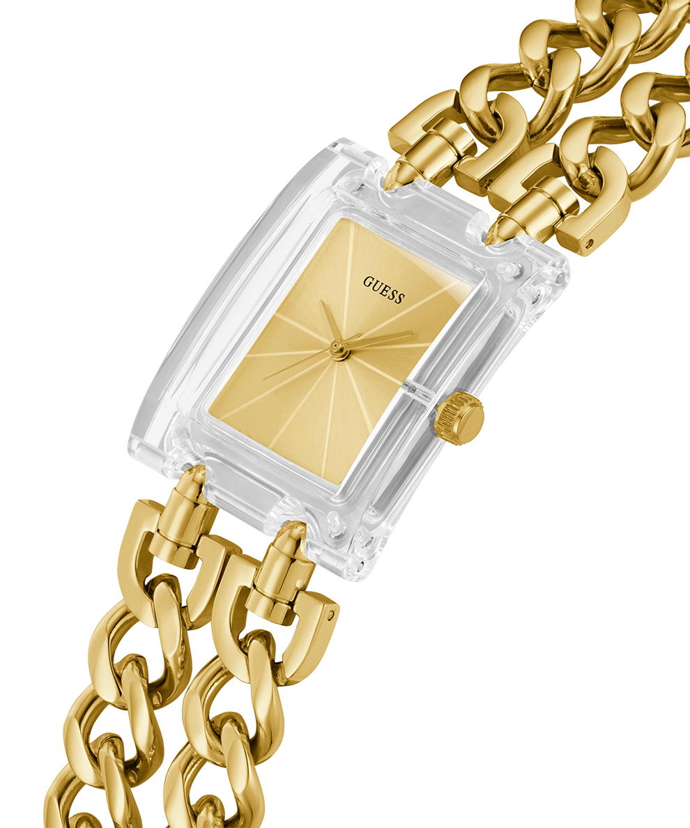 GUESS Ladies Gold Tone Clear Analog Watch lifestyle angle