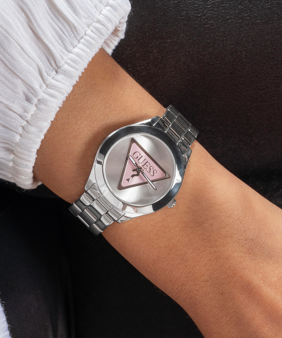 GW0675L1 GUESS Ladies Silver Tone Analog Watch lifestyle watch on wrist