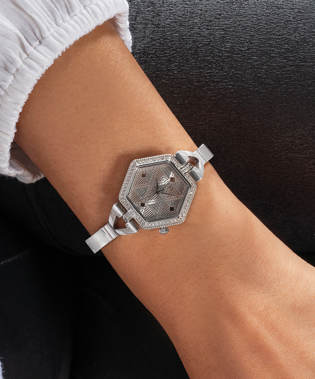 GW0680L1 GUESS Ladies Silver Tone Analog Watch lifestyle watch on wrist