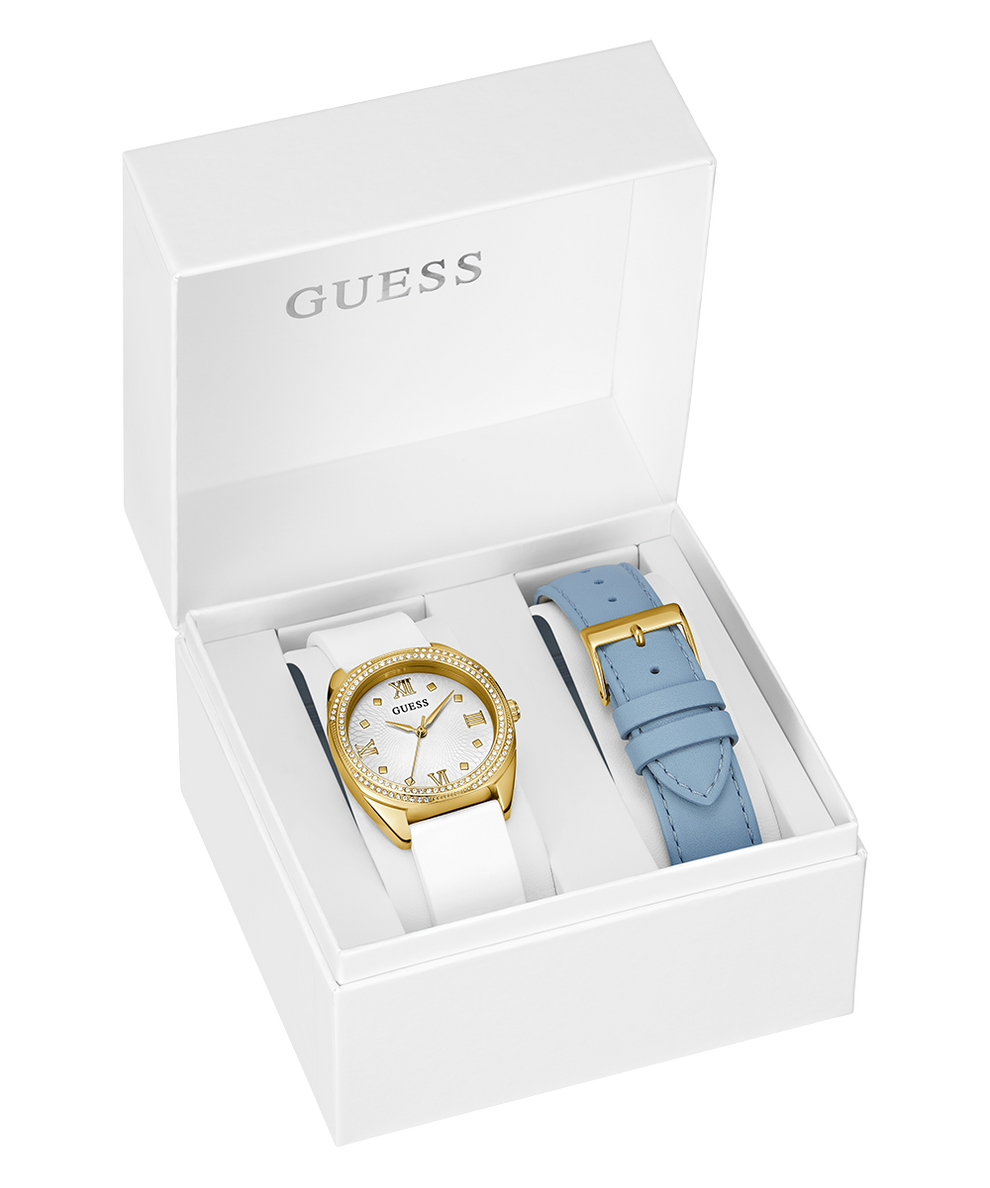 GUESS Ladies Gold Tone Analog Watch Box Set packaging