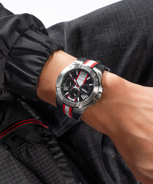 GW0716G1 GUESS Mens Black Silver Tone Multi-function Watch lifestyle watch on wrist