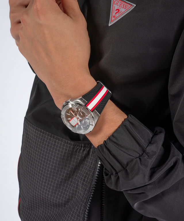 GW0716G1 GUESS Mens Black Silver Tone Multi-function Watch lifestyle red and black watch on wrist
