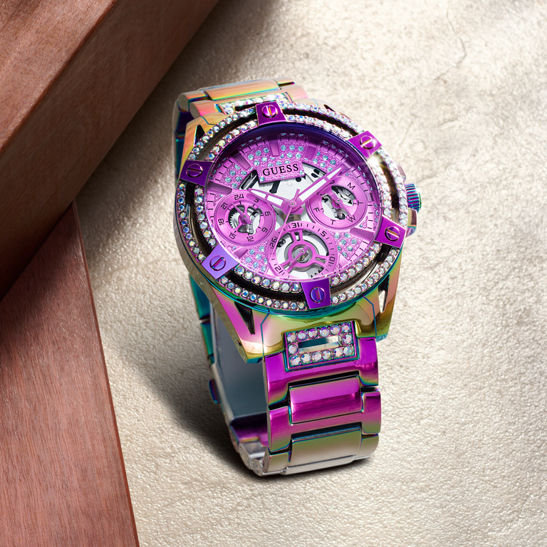 iridescent womens watch with stones on case and band