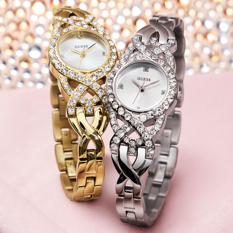 silver and gold womens watches with stones on case and band