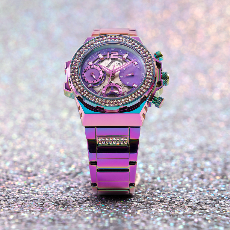 iridescent GUESS watch on iridescent background