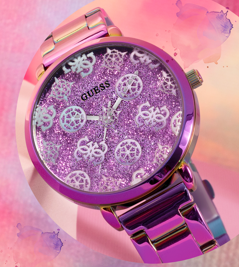 iridescent watch with logo pattern on dial