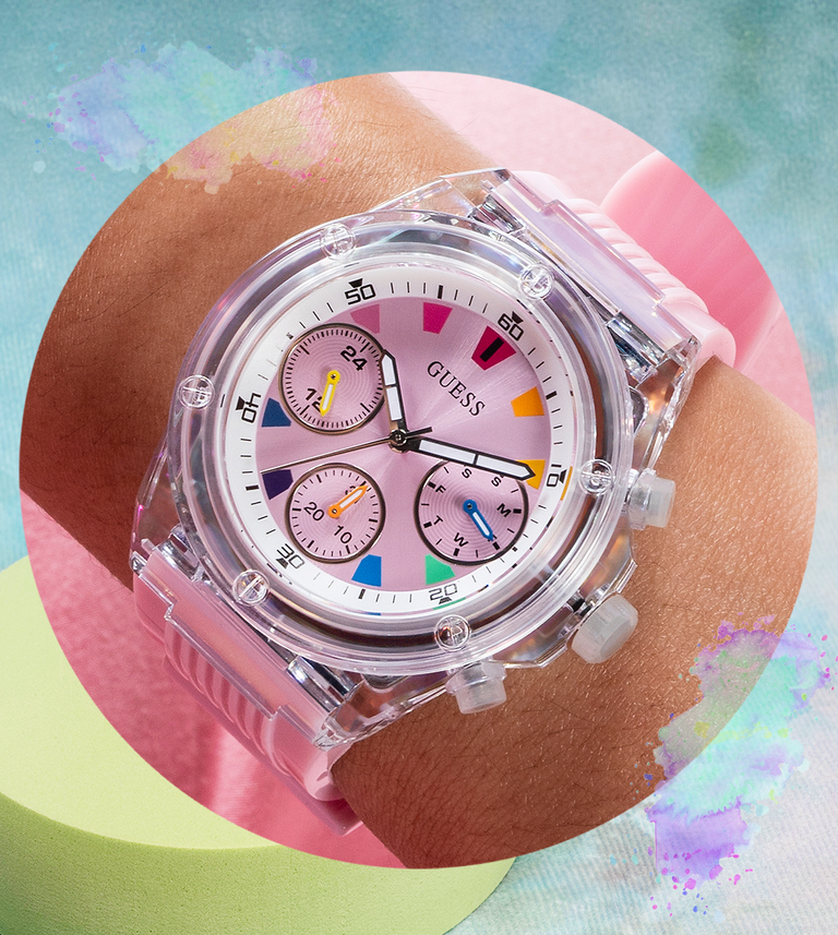 pink recycled guess watch on wrist
