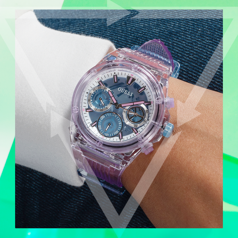 eco friendly purple watch with recycle logo