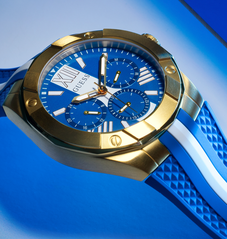 gw0716g2 mens blue sport watch with gold bezel on blue background