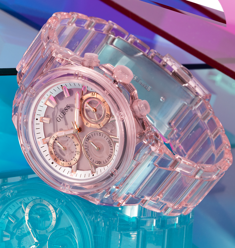 pink sustainable guess watch on blue background