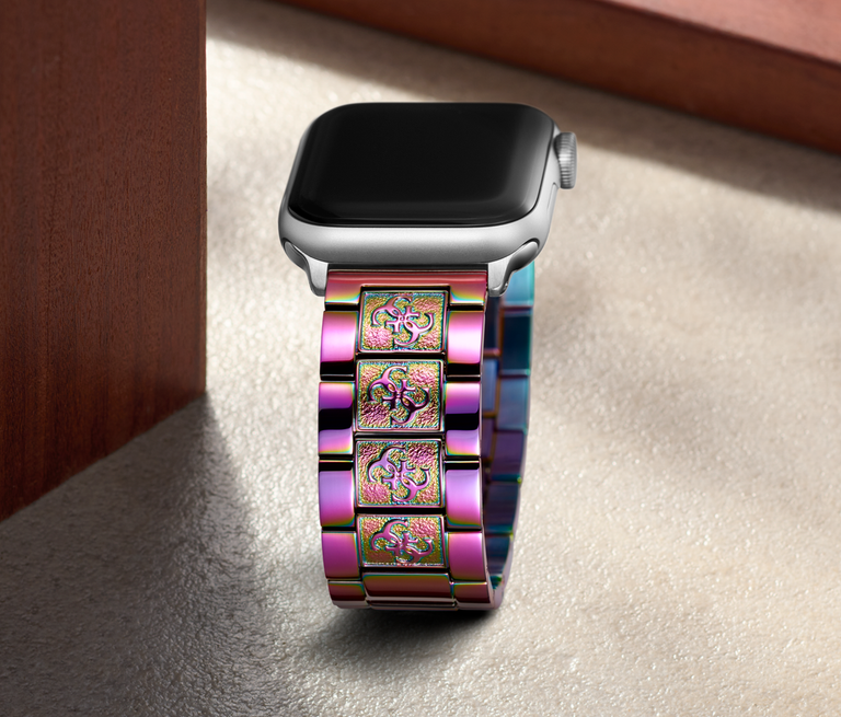 iridescent band for apple watch on brown background