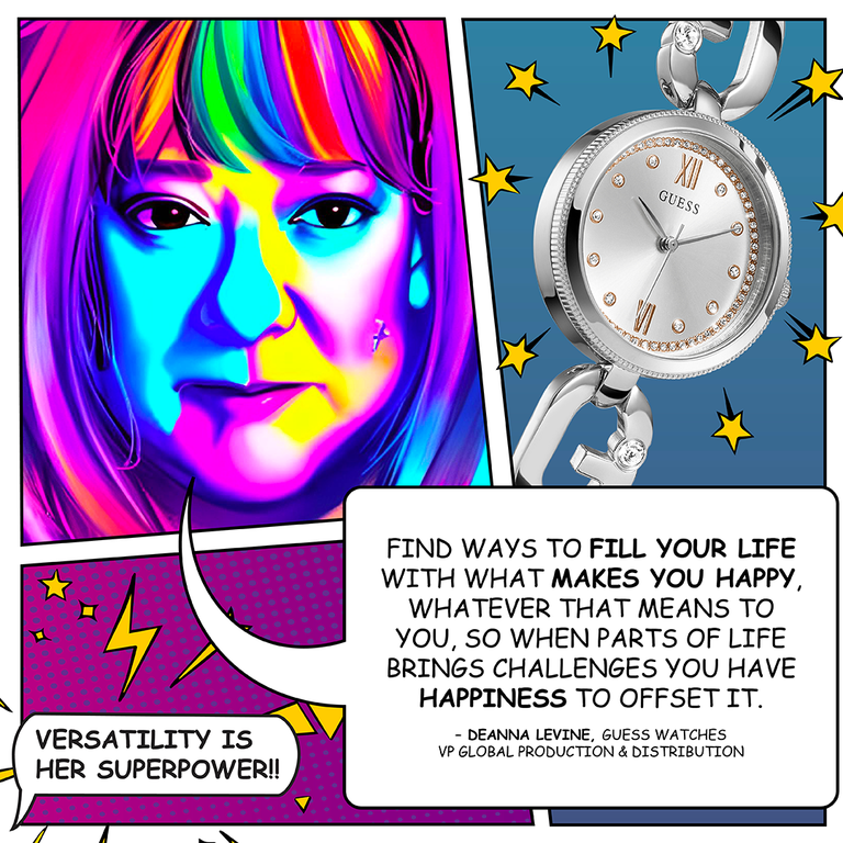 avatar of woman on cartoon background with speech bubble and image of watch