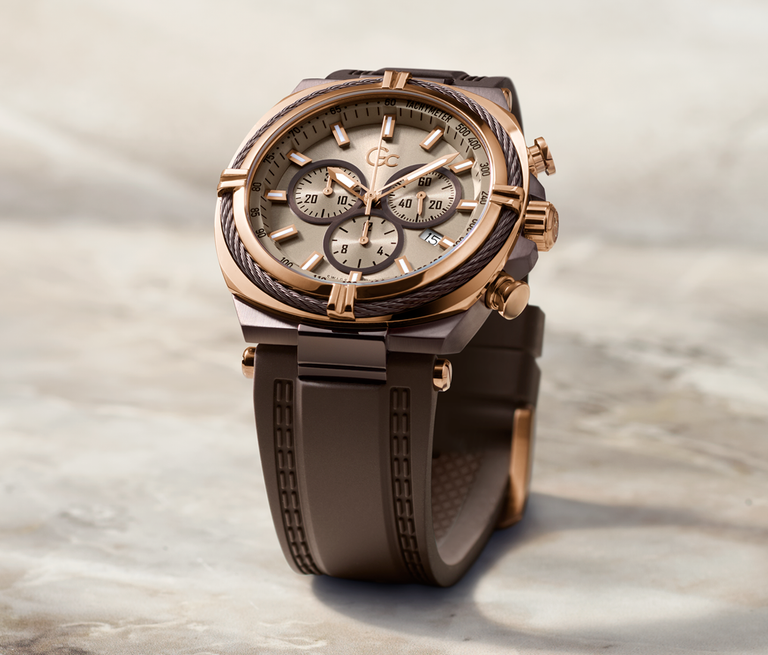 brown leather Gc watch with rose gold cable detail