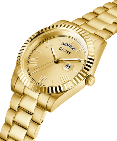 GW0265G2 GUESS Mens 42mm Gold-Tone Day/Date Dress Watch caseback (with attachment) image lifestyle