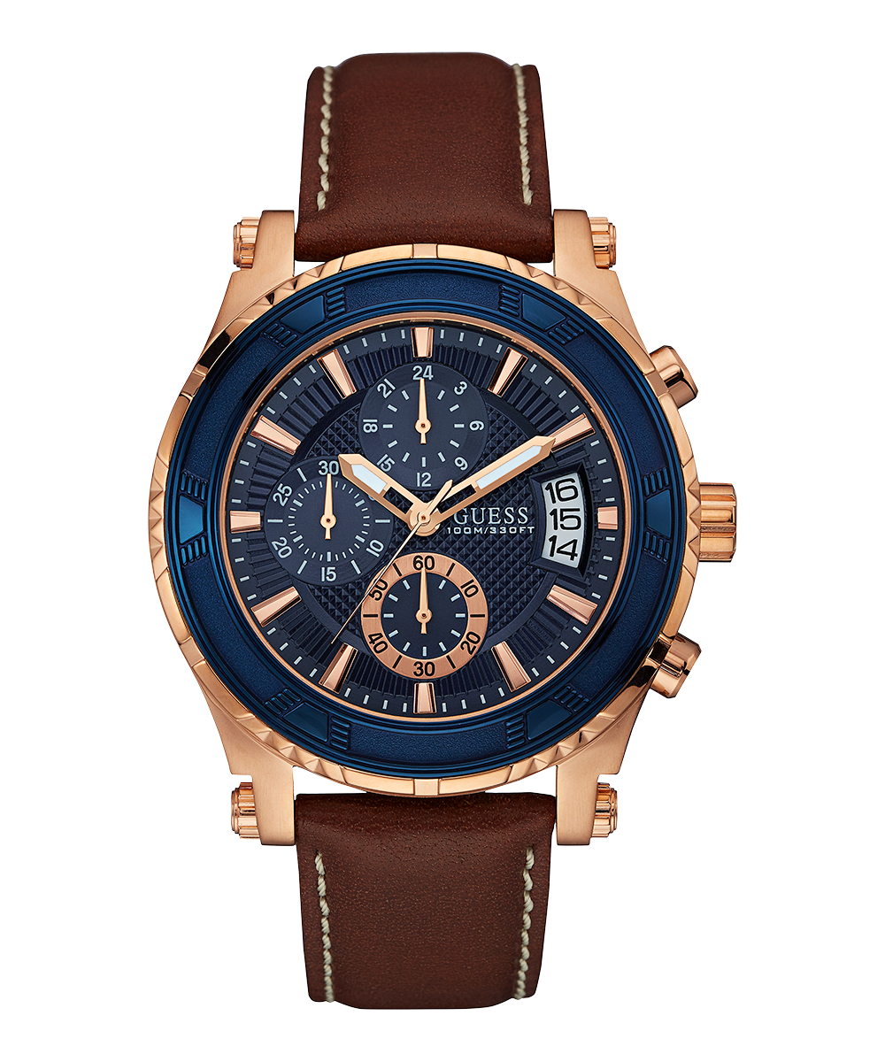 Chronograph Watch Guess Watches Brown Leather Strap GUESS Mens