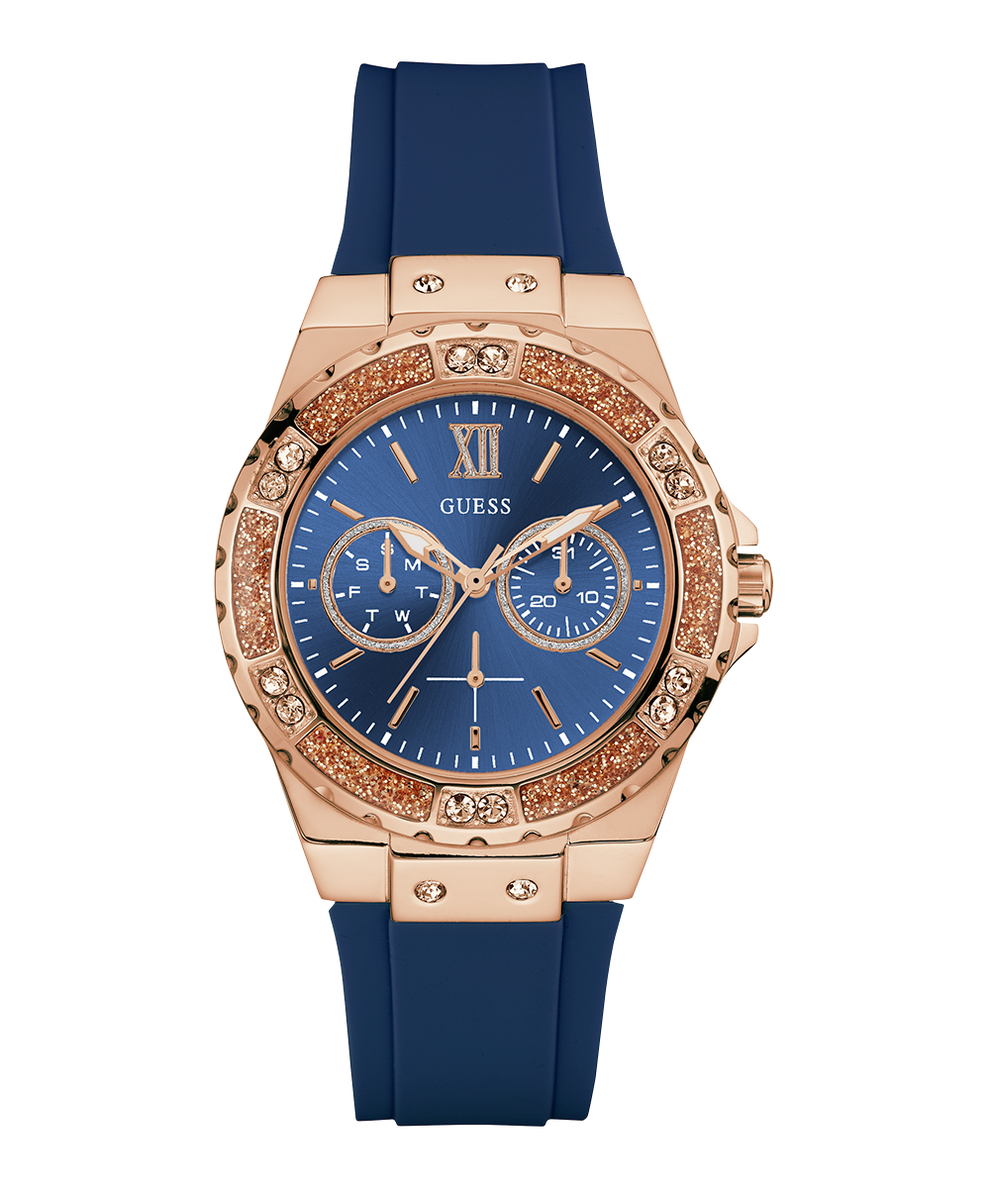 U1053L1 GUESS Ladies 39mm Blue & Rose Gold-Tone Multi-function Sport Watch primary image