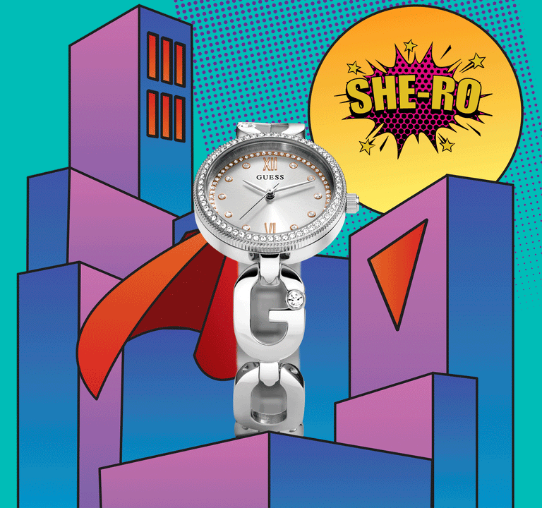 GUESS Watches International Womens Day watch on cartoon background with She-Ro copy in sunburst