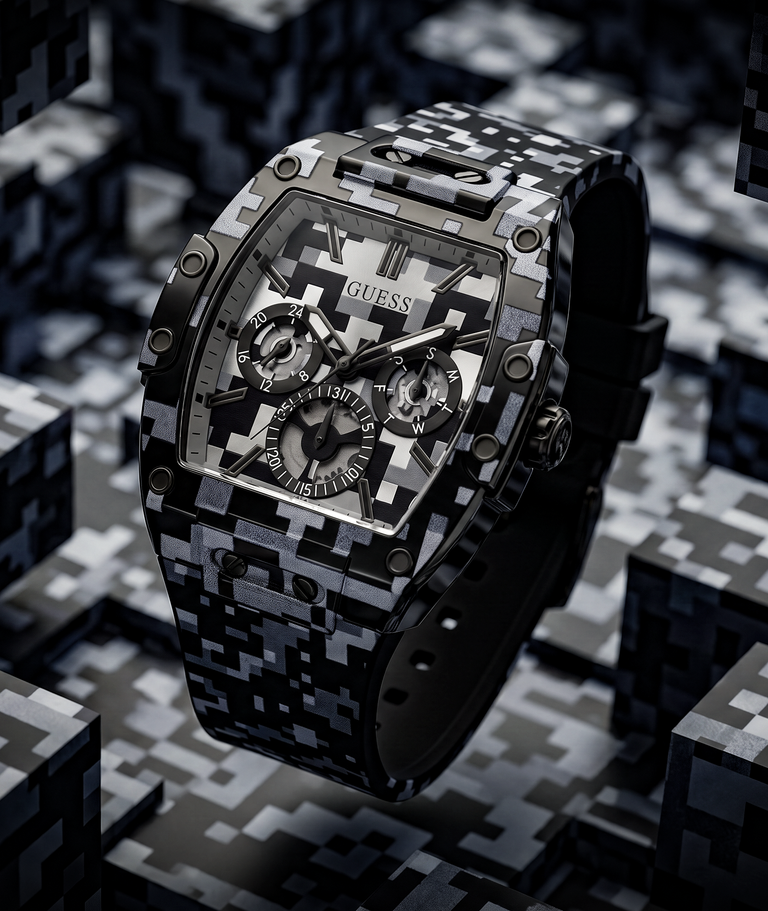 GUESS AI Venix watch with digitally printed pattern.