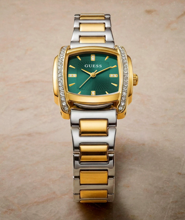 Image of ladies two tone watch with green dial