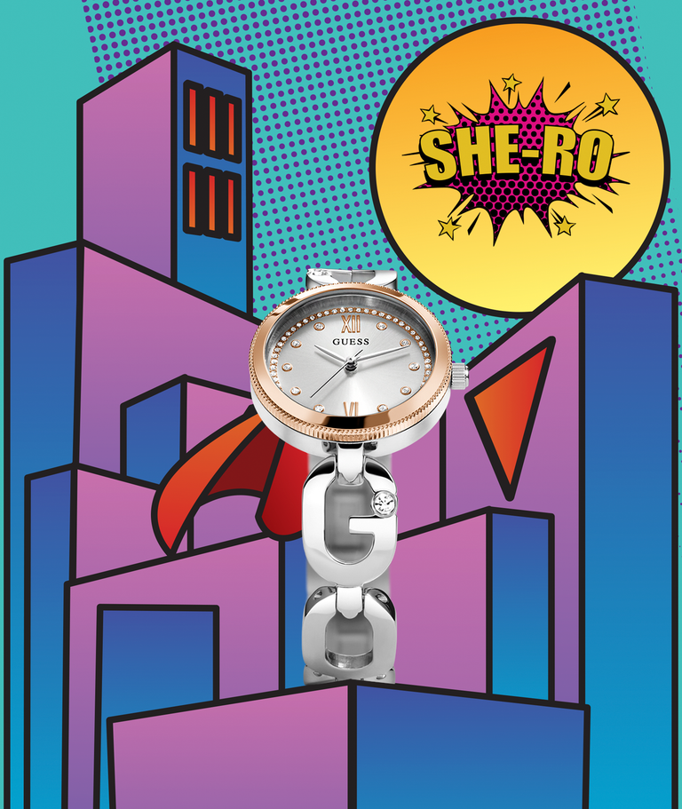 Silver watch with rose gold bezel on a cartoon background with she-ro text in sunburst