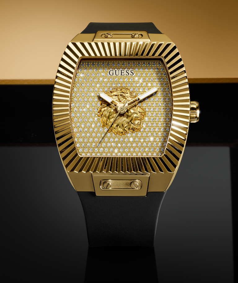 mens black and gold watch with lions head logo