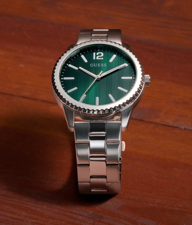 mens silver watch with green dial