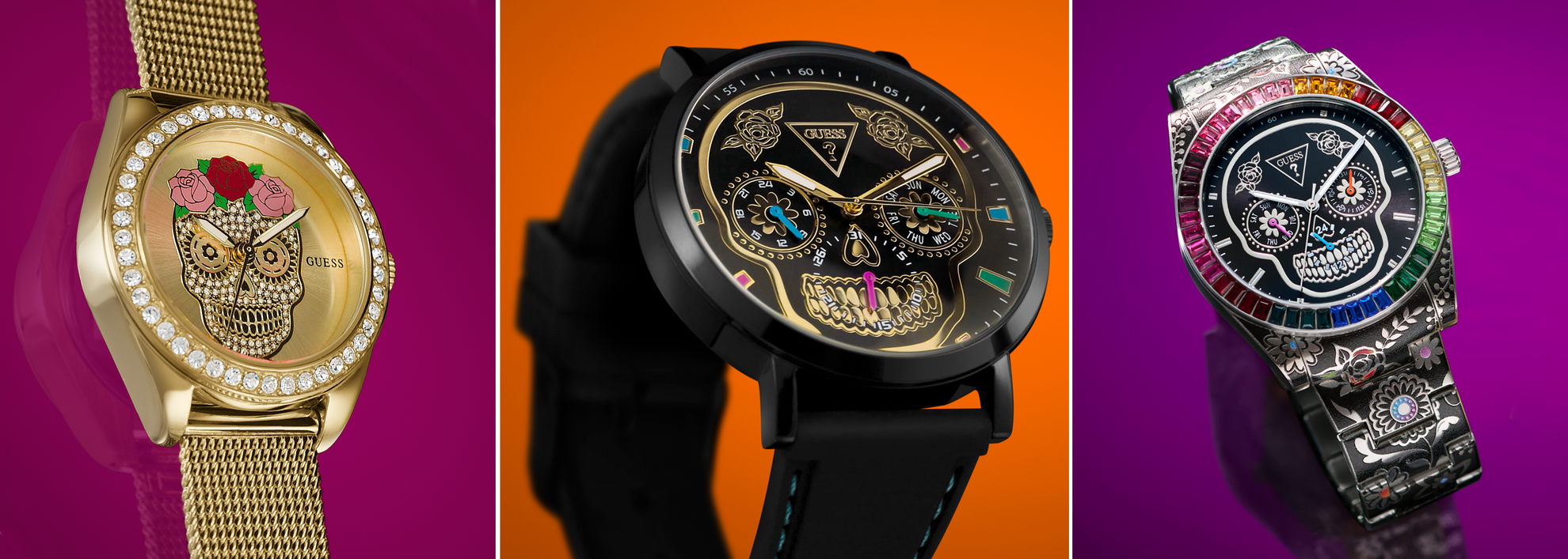 Three watches with unique designs on a colorful background