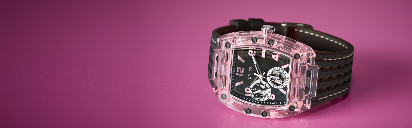 Breast cancer awareness watch with a transparent case on a pink background