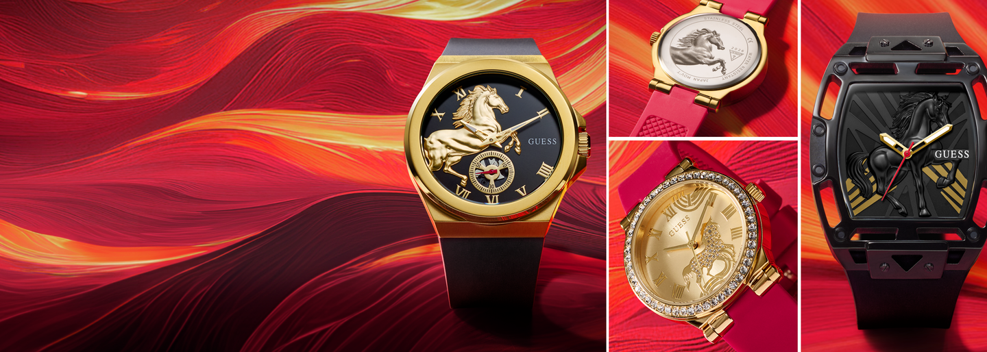 Collage of Lunar New Year black, red & gold watches with a horse design on a red background