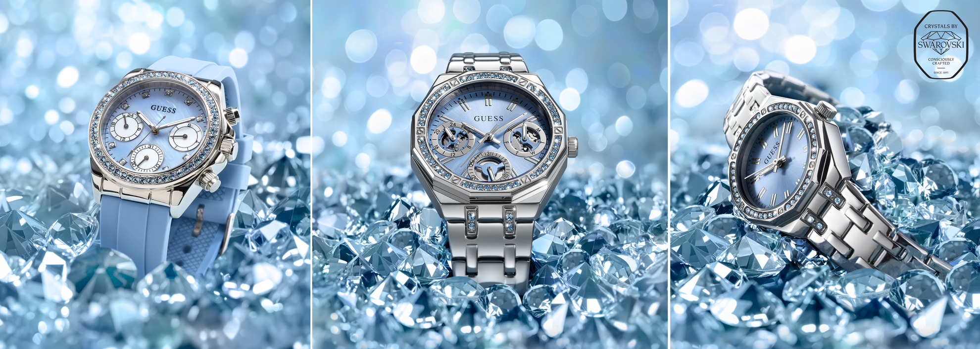 Three Swarovski watches with blue straps and silver casings on a blue glittery background