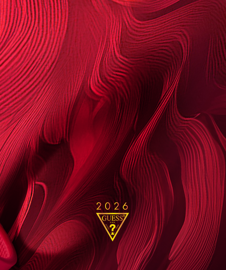 Red abstract design with 'Guess?' logo and '2026' text