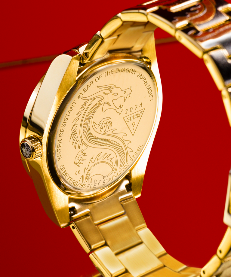 GUESS Ladies Red Gold Tone Analog Watch lunar new year lifestyle watch with dragon logo on caseback