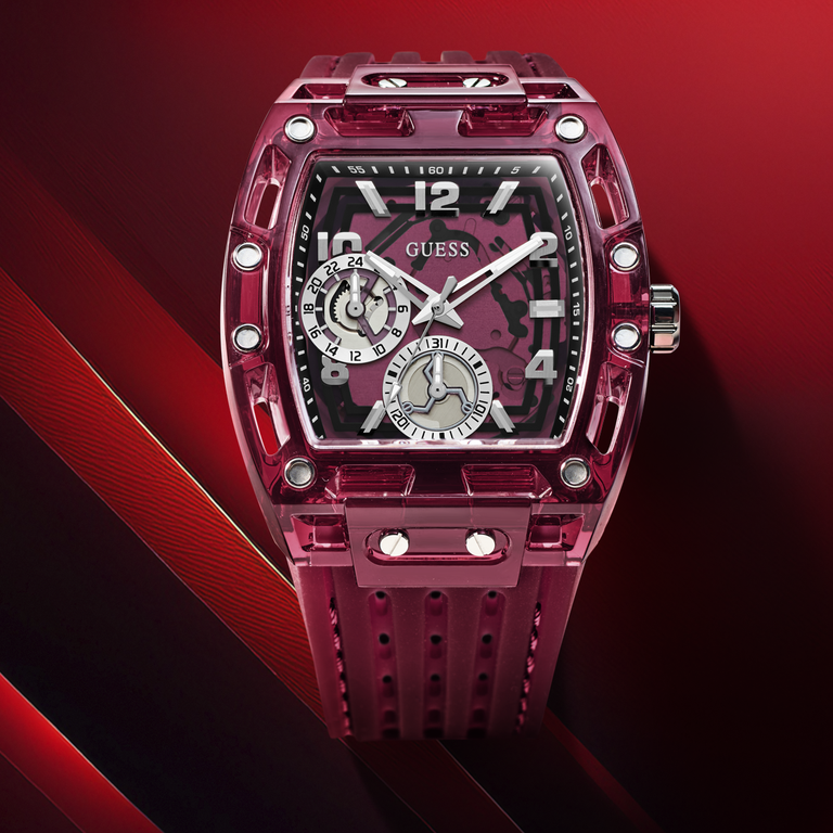 Mens GUESS Signature watch with red case and dial