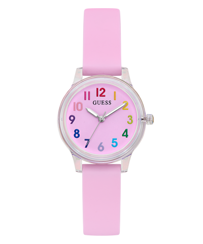 Pink children's watch with colorful numbers on a white background GUESS Kids Pink Clear Transparent Analog Watch