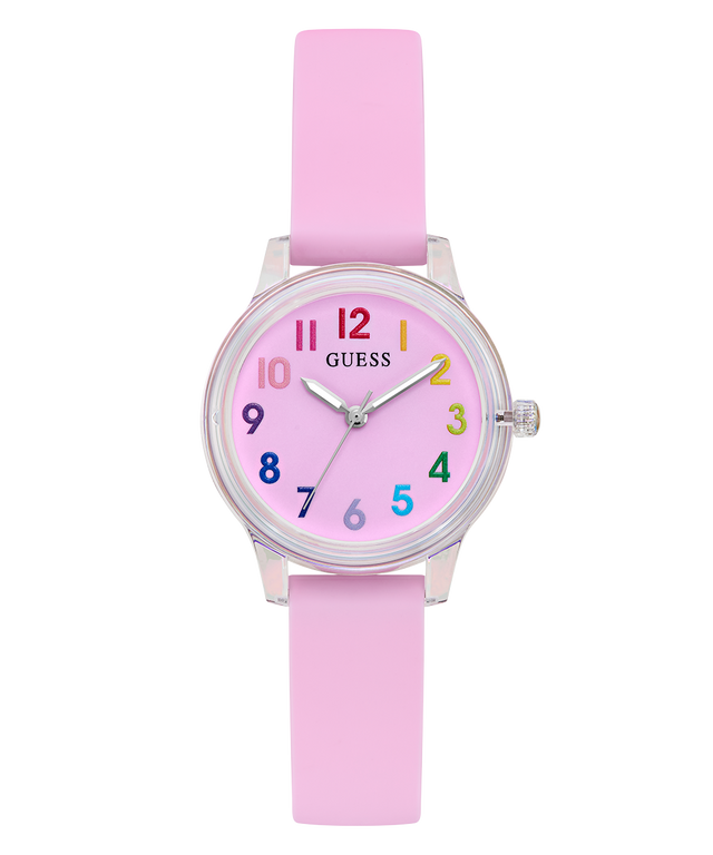 Pink children's watch with colorful numbers on a white background GUESS Kids Pink Clear Transparent Analog Watch