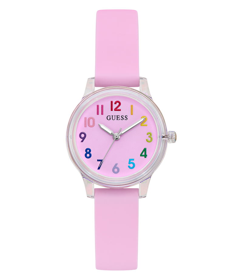 Pink children's watch with colorful numbers on a white background GUESS Kids Pink Clear Transparent Analog Watch