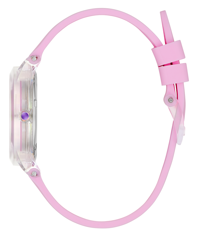 Pink watch with a strap on a white background