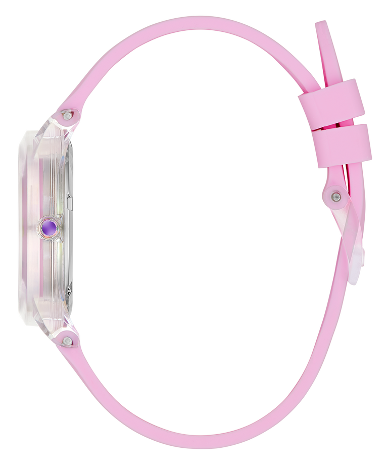 Pink watch with a strap on a white background