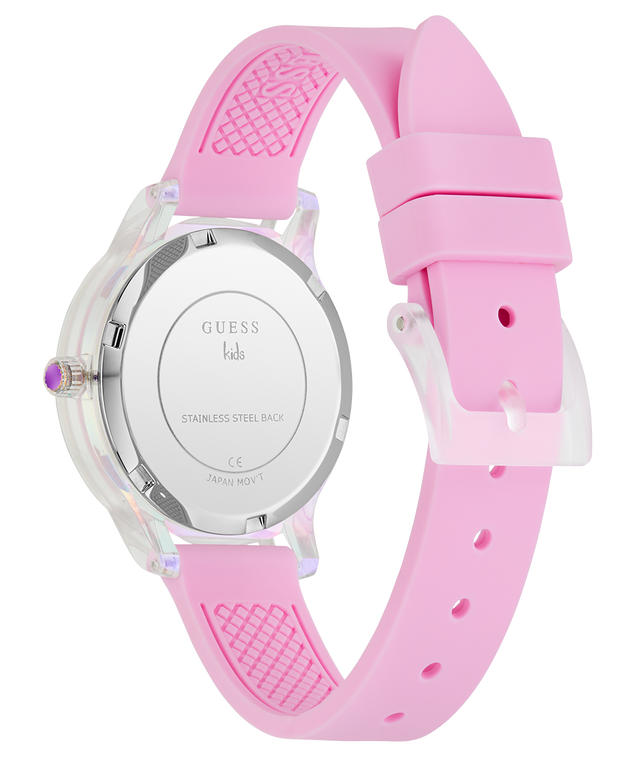Pink watch with a clear case back on a white background
