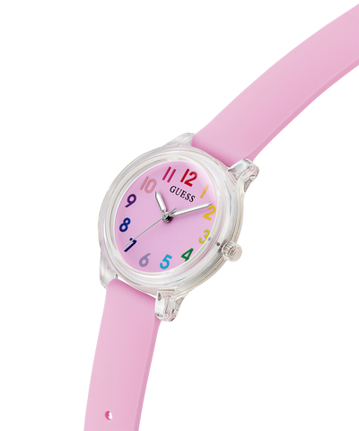 Pink watch with colorful numbers on a white background GUESS Kids Pink Clear Transparent Analog Watch lifestyle