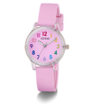 Pink watch with colorful numbers on a white background GUESS Kids Pink Clear Transparent Analog Watch