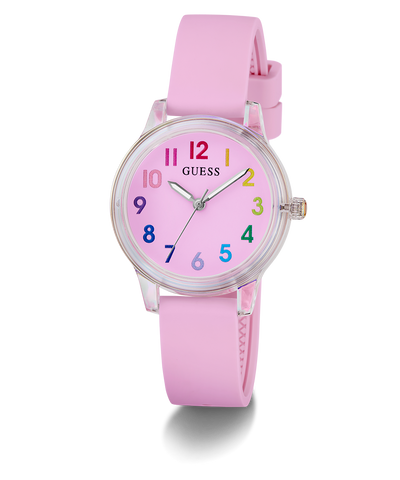 Pink watch with colorful numbers on a white background GUESS Kids Pink Clear Transparent Analog Watch