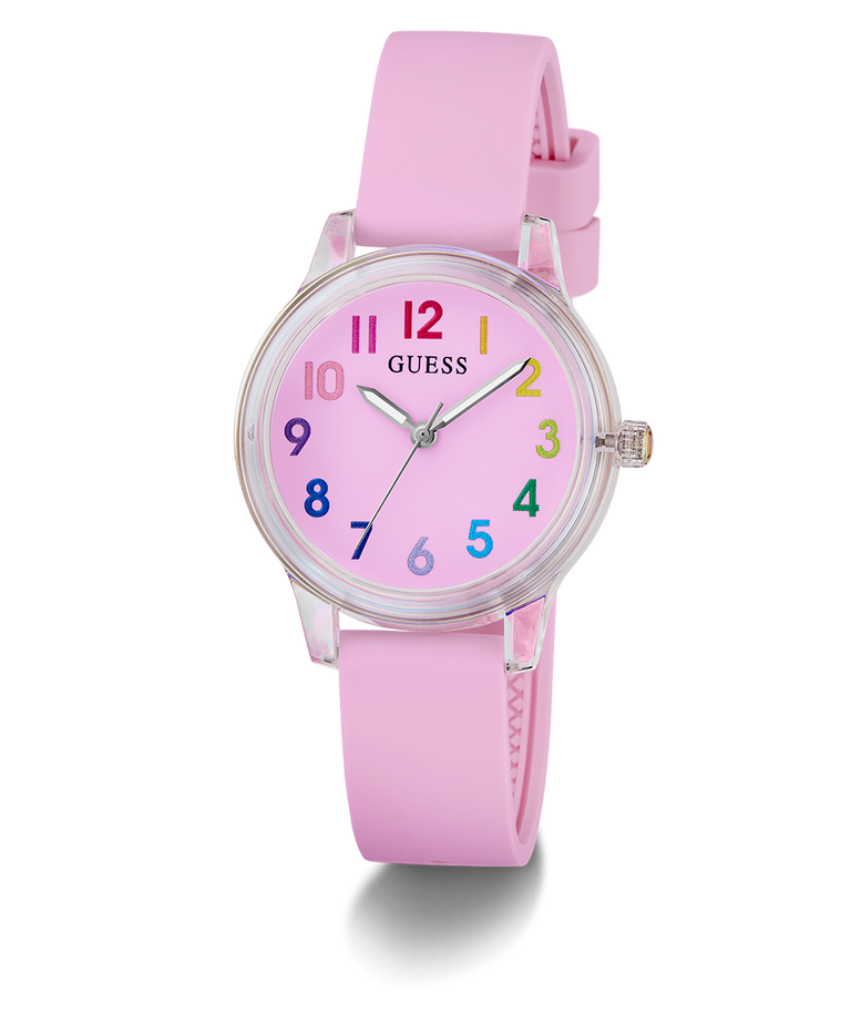 Pink watch with colorful numbers on a white background GUESS Kids Pink Clear Transparent Analog Watch