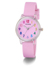 Pink watch with colorful numbers on a white background GUESS Kids Pink Clear Transparent Analog Watch